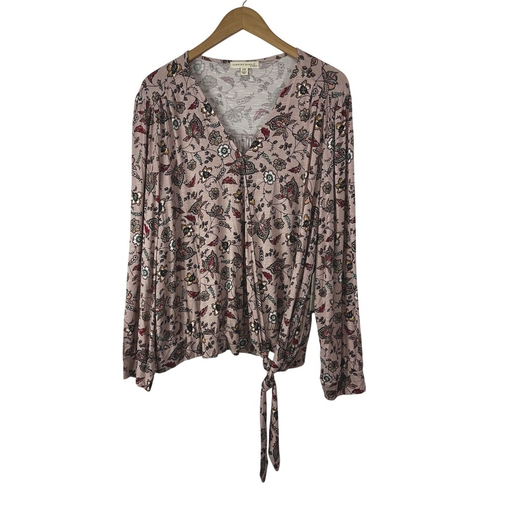 Farmers Market Floral Wrap Tie Front Blouse Womens 2X Light Purple Floral Boho